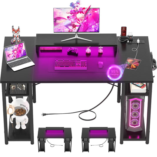 armocity Computer Desk with LED Lights, 48 Inch Reversible Large Desk with Power Outlet and USB, 48'' Gaming PC Table with Moveable Monitor Stand for Home Office, Workstation, Black