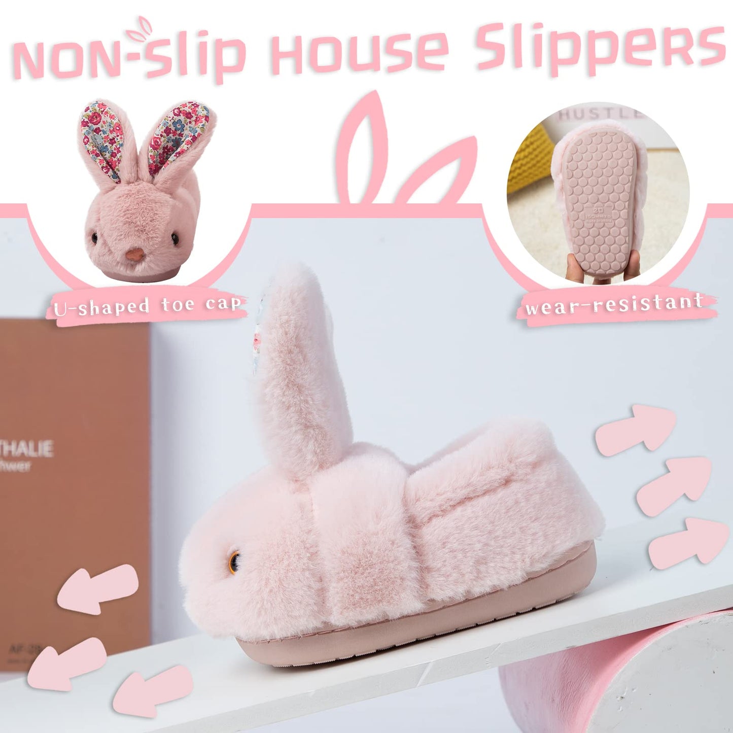 Hitopteu Kids Bunny Slippers - Cute Plush Winter Warm House Shoes Anti-Slip Rabbit Slippers for Toddler Boys & Girls Pink A 6-7 UK 24-25 EU 170