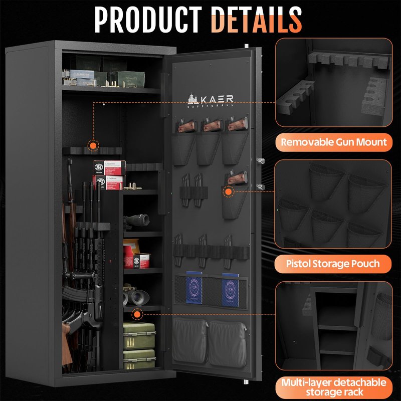 KAER Large Biometric Gun Safe for Rifles and Pistols,Storage 20-25 Firearms (with/Without Scopes),Gun Cabinet with Adjustable Storage/Pistol Pouches Rifle Safe for Home Defense,Hunting,Shooting,AR-15