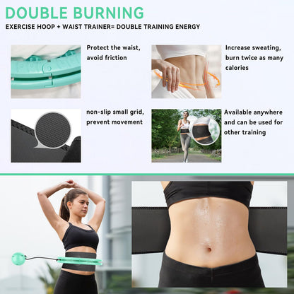 Hula Hoops for Adults Weight Loss，Infinity Weighted Hoop Plus Size with Sweat Belt，Weighted Hula Hoop Waist Trainers for Women at Home Workout Equipment (Vigorous Cyan)