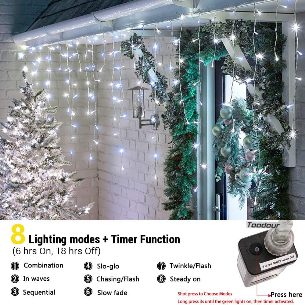 Toodour Christmas Icicle Lights Outdoor, 360 LED 29.5ft 8 Modes Fairy Icicle String Light with 60 Drops, Led Christmas Lights Twinkle for Holiday, Party, Wedding, Eaves, Xmas Decorations (White)