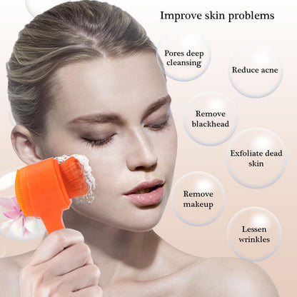 Face Brush 2 in 1, Facial Cleansing Exfoliating Scrubber Brush, Silicone Double Side Manual Face Wash Scrub Brush with Soft Bamboo Charcoal Fiber for Deep Pore Cleansing, Massaging, Skin Care