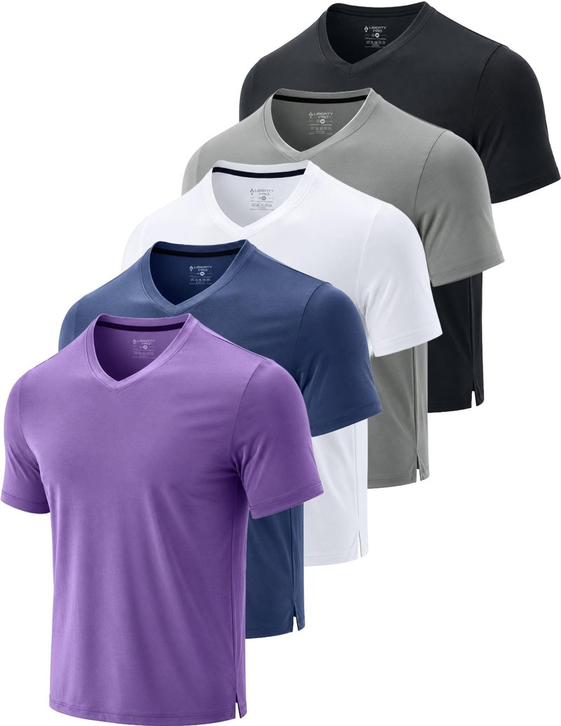 5 Pack Mens V-Neck Dry Fit T-Shirts, Active Athletic Short Sleeve Workout Tops, Performance Gym Tees, Available in Plus Size (Set 4, Medium)