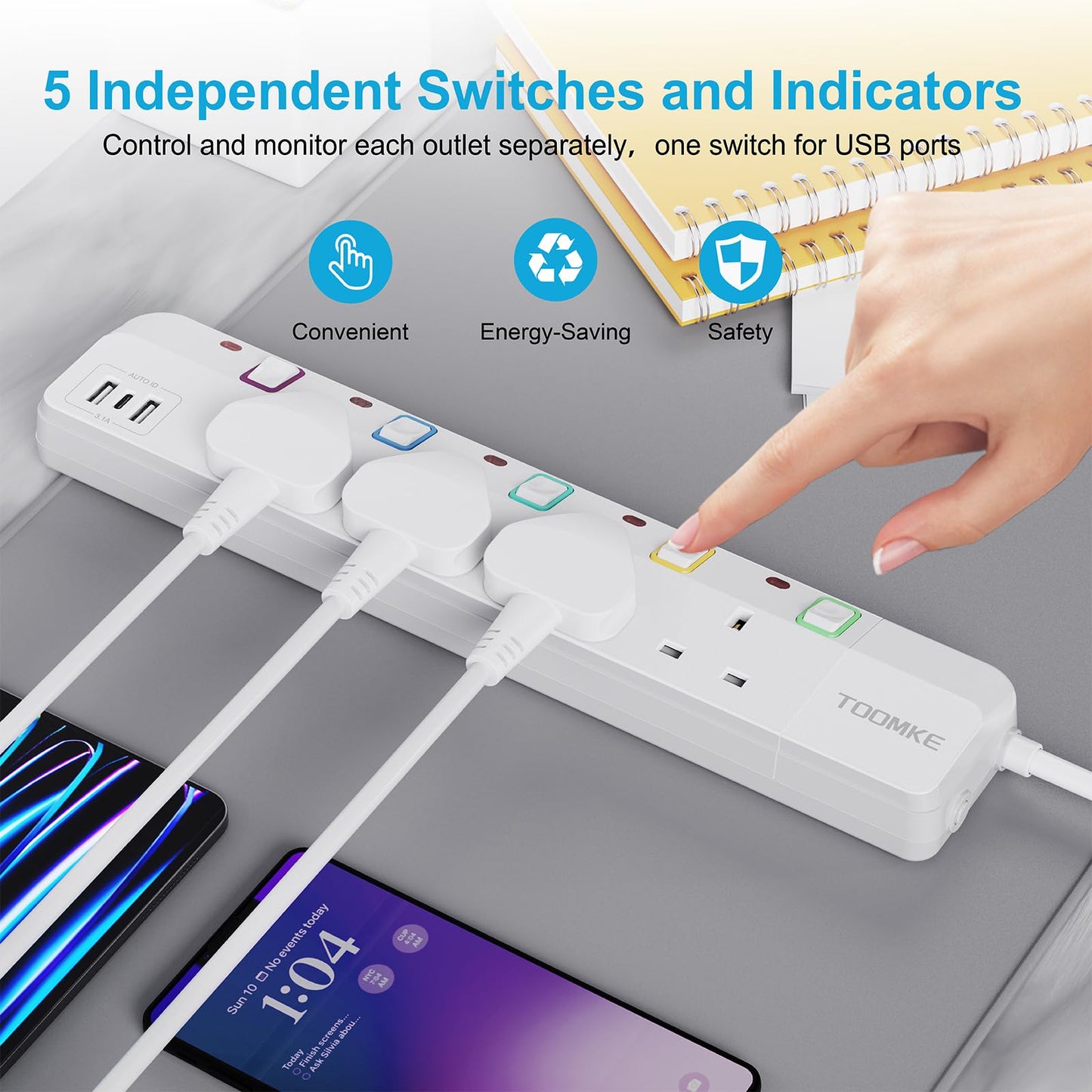 Extension Lead with USB Slots, Toomke 4 Way Plug Extension Socket with 2 USB-A and 1 USB-C, Mountable Power Strip with Individual Switches, UK Plug Socket 1.5m Extension Cord 13A 3250W