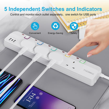 Extension Lead with USB Slots, Toomke 4 Way Plug Extension Socket with 2 USB-A and 1 USB-C, Mountable Power Strip with Individual Switches, UK Plug Socket 1.5m Extension Cord 13A 3250W