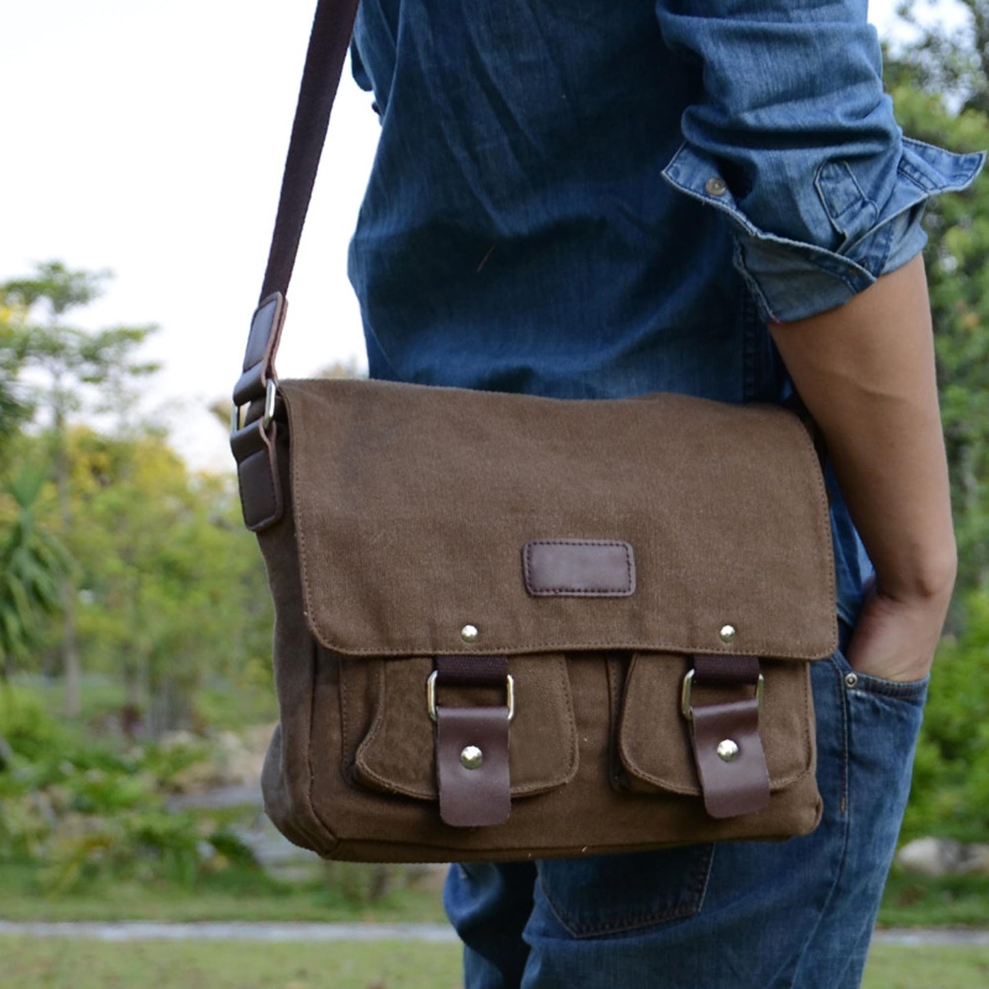 XFLYP Messenger Bag Mens, Men Shoulder Bags Canvas Satchel Cross Body Messenger School Working Satchel Briefcase, with Multiple Pockets for Work, School, Traveling and Daily Use, Brown
