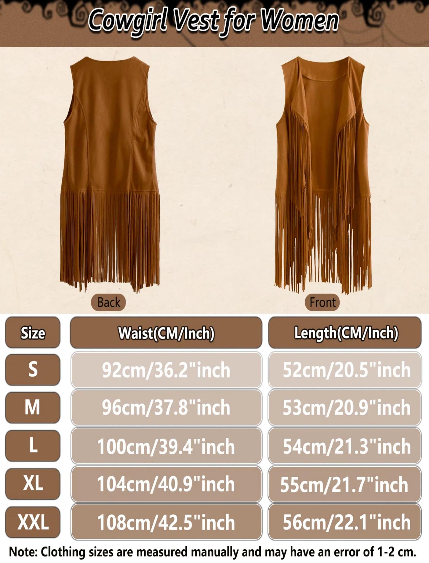 6 PC Cowgirl Western Outfits for Women Retro Cowgirl Costumes Fringe Vest Cow Girl Hat for Women Country 70s Hippie Outits (Brown, S)