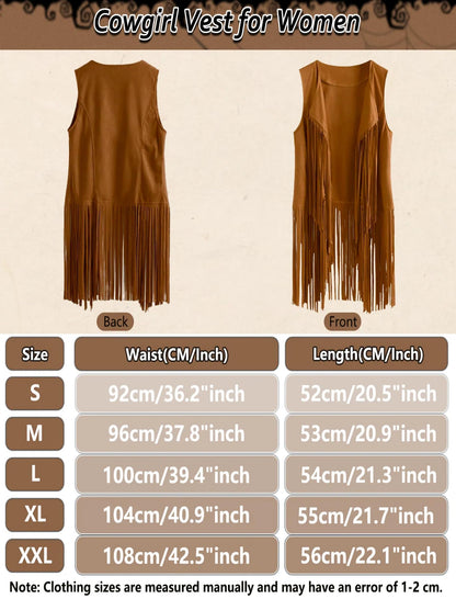 6 PC Cowgirl Western Outfits for Women Retro Cowgirl Costumes Fringe Vest Cow Girl Hat for Women Country 70s Hippie Outits (Brown, S)