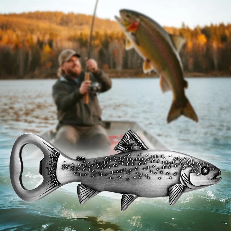 MR.BARWARE Trout Beer Bottle Opener – Fishing Gift for Men, Dad, Grandpa – Silver Fish Shaped Bar Tool with Gift Bag – Perfect for Fathers Day, Birthday, Christmas, Camping