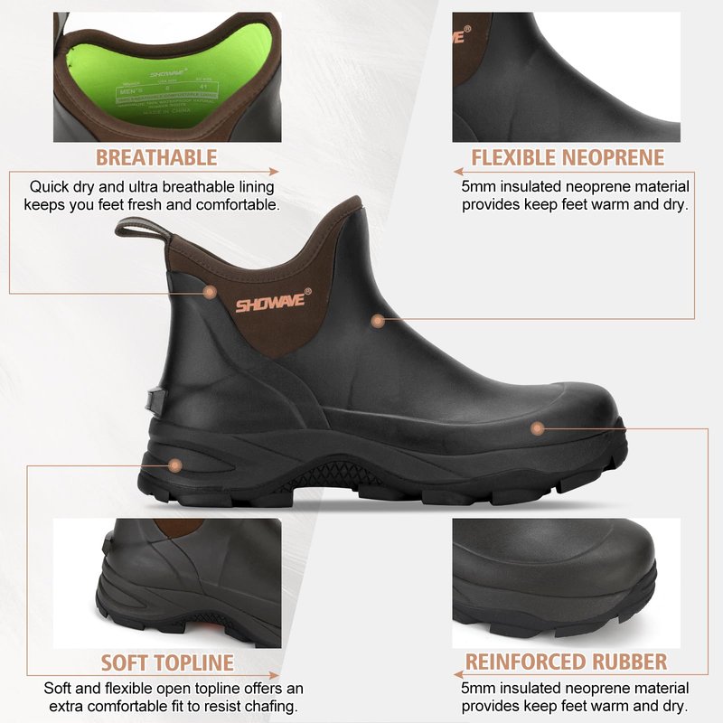 Showave Men's Rubber Boots Waterproof Rain Footwear Durable Short Hunting Boots for Mud Gardening Yard and Chore Working (Size 9,Brown)