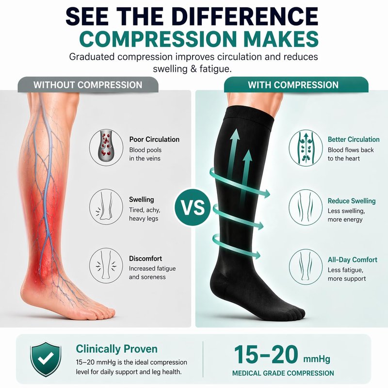 Compression Socks for Women and Men, Circulation Support Stockings, Black 15-20 mmHg, Work Walking Wear, Flying Travel, Nurses