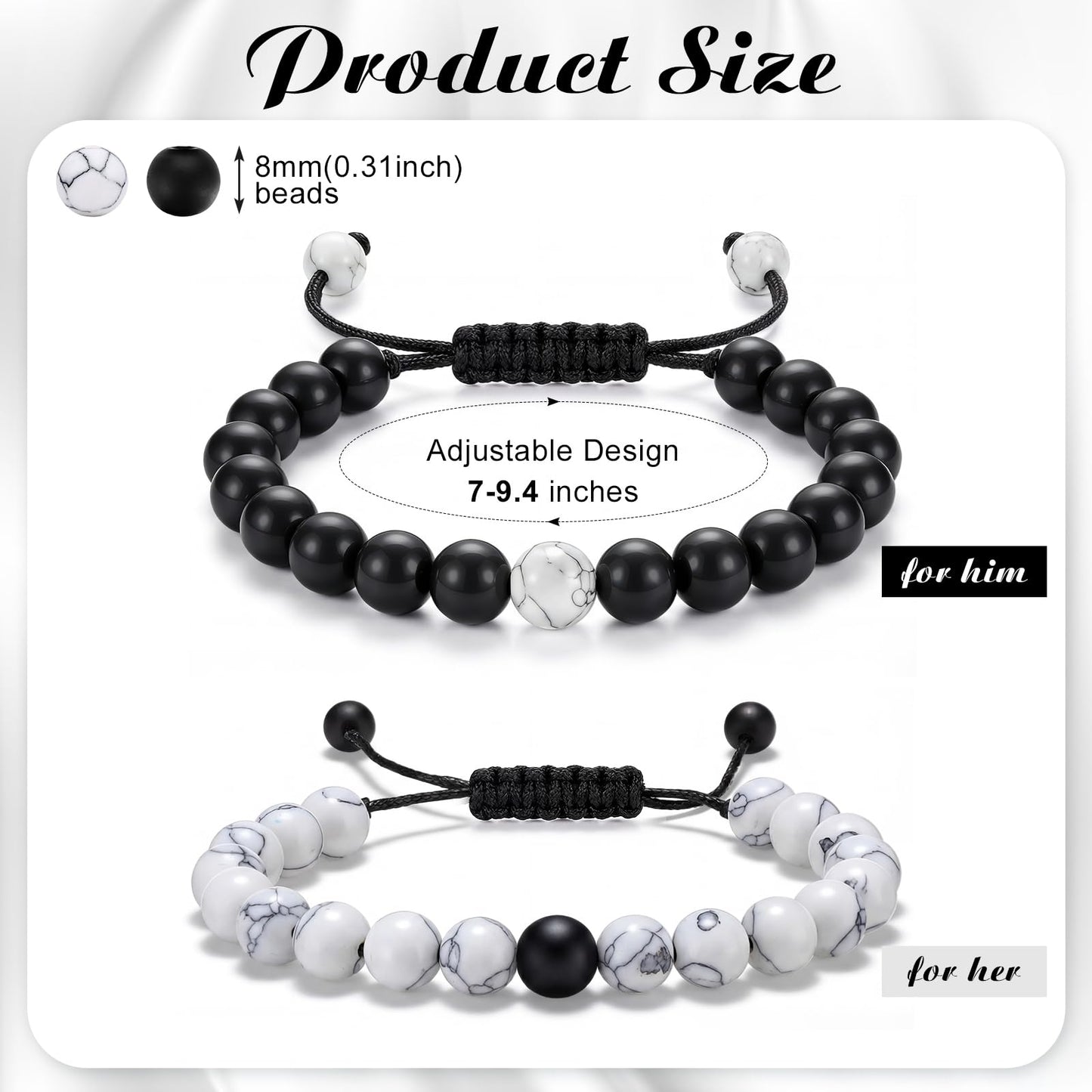BBTO Couples Bracelets Long Distance Matching Bracelets 8mm Howlite Beads Black Matte Agate for Couples His and Her Gifts(Classic Style)