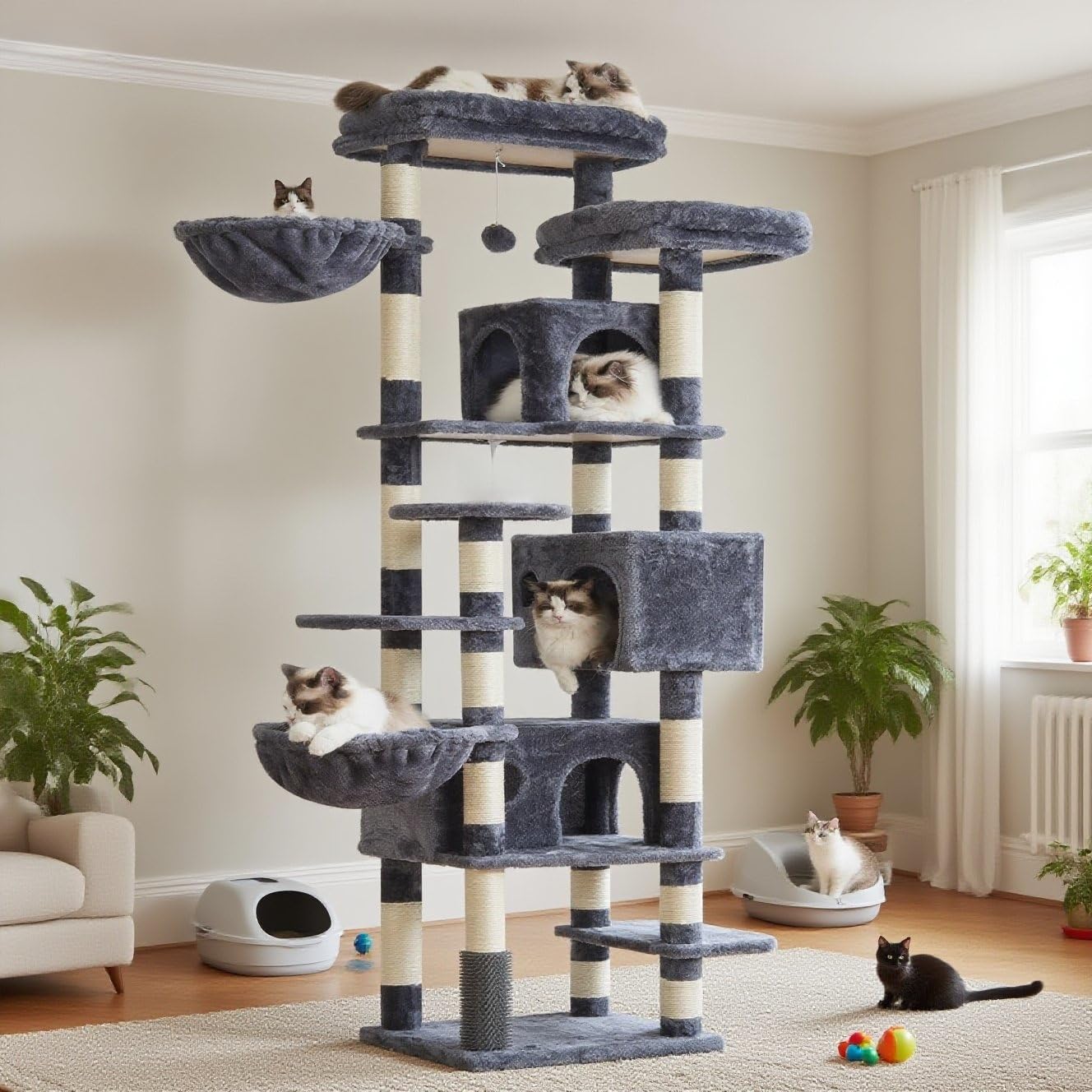 Hey-brother Cat Tree, 74 inches Multi-Level XL Large Cat Tower for Indoor Cats with Three Cat Condos, Two Large Top Decks and Cat Hairbrushfor Kittens, Cats and Pets, Smoky Gray MPJ035-MG