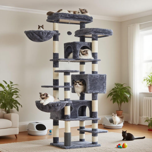 Hey-brother Cat Tree, 74 inches Multi-Level XL Large Cat Tower for Indoor Cats with Three Cat Condos, Two Large Top Decks and Cat Hairbrushfor Kittens, Cats and Pets, Smoky Gray MPJ035-MG
