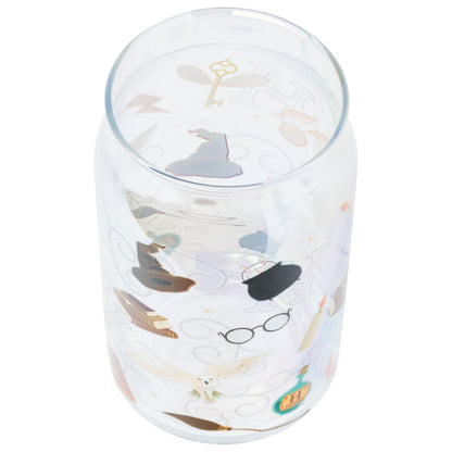 Silver Buffalo Harry Potter Iconic Icons Pattern Wands at the Ready 2 Pack Glass Jar Tumbler with Bamboo Lid and Glass Straw, 16 Ounces