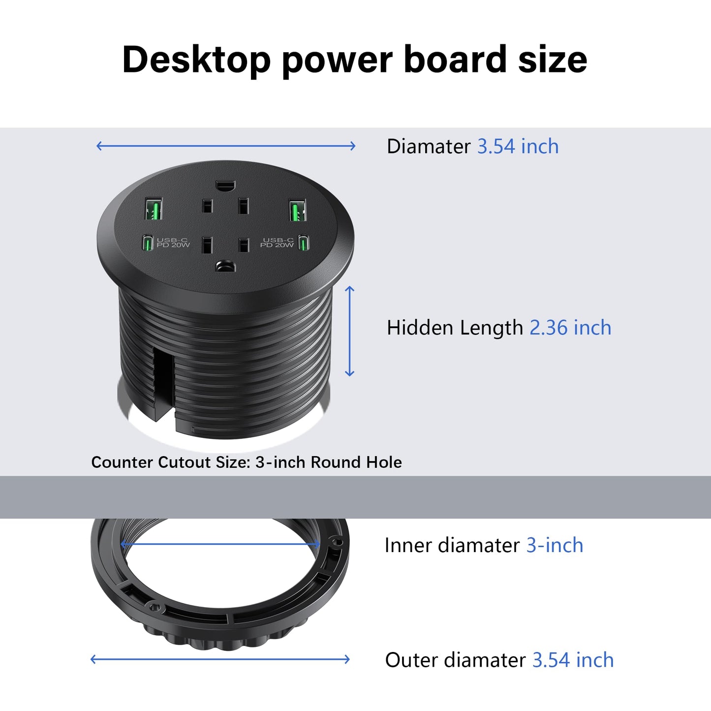 Desktop Power Grommet 3-inch Hole,40W Total Fast Charging Station, 2 PD 20W USB C Port,Flush-Mount Recessed Power Strip, 2 AC Outlets,4 USB Ports,in to The Top of Your Desk,6ft Cord