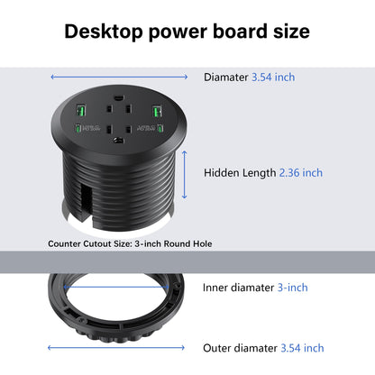Desktop Power Grommet 3-inch Hole,40W Total Fast Charging Station, 2 PD 20W USB C Port,Flush-Mount Recessed Power Strip, 2 AC Outlets,4 USB Ports,in to The Top of Your Desk,6ft Cord
