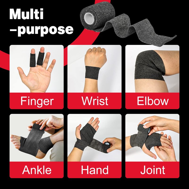 AZEN 16 Pack Self Adhesive Bandage Wrap Black, 2" X 5 Yards Black Athletic Tape, Vet Wrap, Tattoo Grip Tape Wrap，Ankle Tape, Cohesive Bandage Wrap