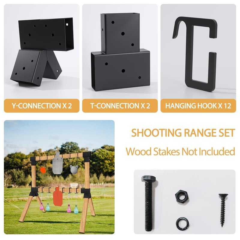 POSTYBAY 2x4 Target Stand Brackets Set, Heavy Duty Y & T Connectors with 12 Hanger Hooks, 0.2”Thick Steel Frame (1.6" x 3.6" I.D) for AR500 Steel Targets, Outdoor Shooting Range & Archery Training