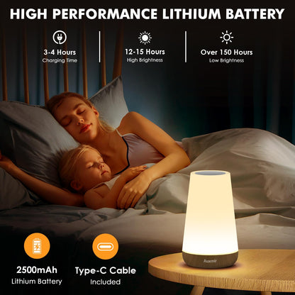 Auxmir LED Night Light Bedside Lamp Touch and Remote Control Dimmable Tabletop 13 RGB Colors Changing 5 Brightness Adjustable Rechargeable Portable Lamp for Baby Kids Nursery Bedroom Bathroom Camping
