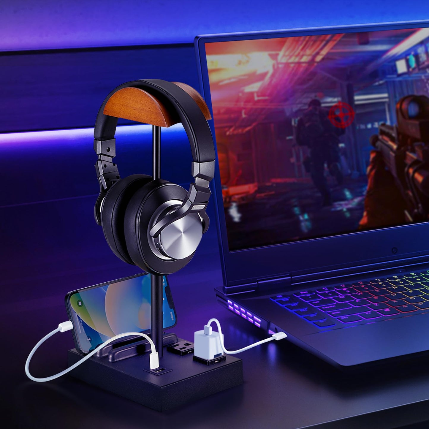 CASTLELIFE Headphone Stand Desktop Gaming Headset Holder with 2 AC Outlets and USB C&A Ports, Charging Station&Phone Stands, Wood Earphone Table Game Accessories for Desktop Gamer, Black