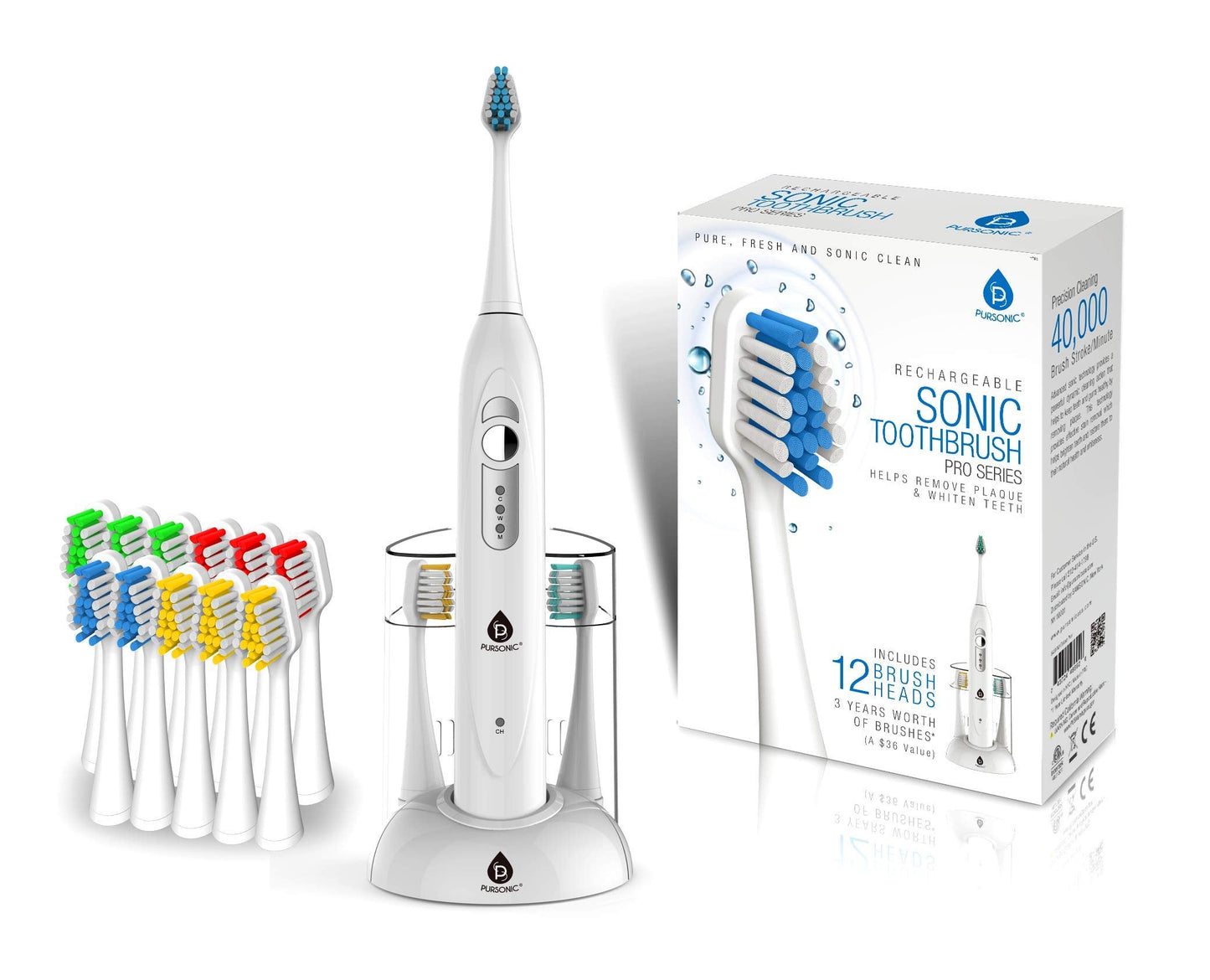 Pursonic S430 SmartSeries Electronic Power Rechargeable Sonic Toothbrush, 12 Brush Heads Included, Red