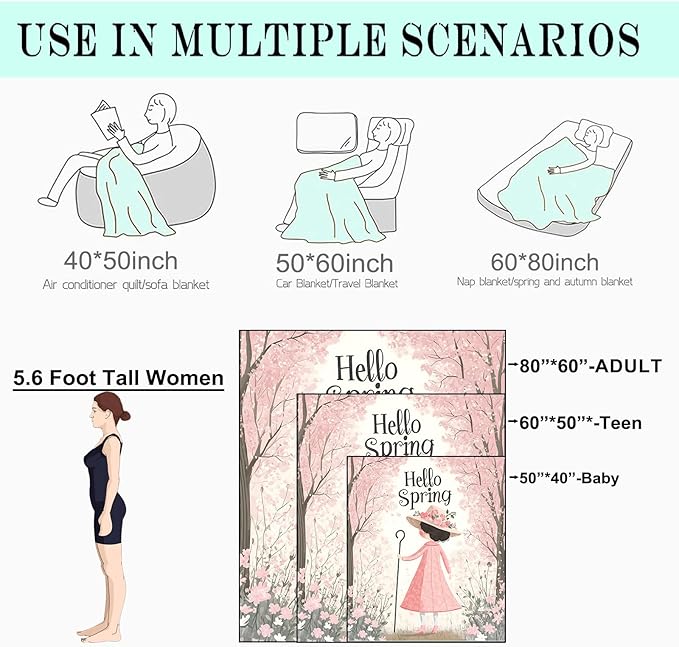 Spring Blossom Fleece Blanket - 40x50in Cute Girl in a Pink Dress Throw Blankets,Soft Cozy Lightweight, Ideal for Bed Living Room Home Whimsical Decor and Kids Women Gifts