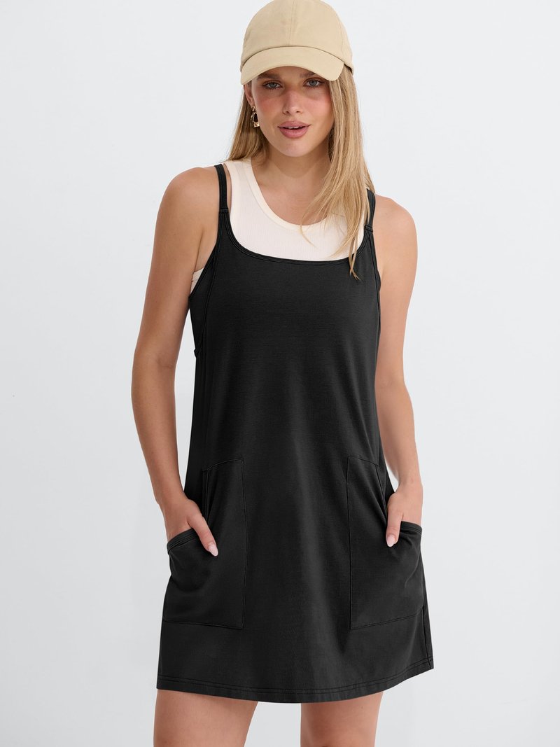 ANRABESS Women Athletic Tennis Dress 2026 Summer Square Neck Active Romper Built in Shorts Casual Athleisure Mini Dresses Black Medium