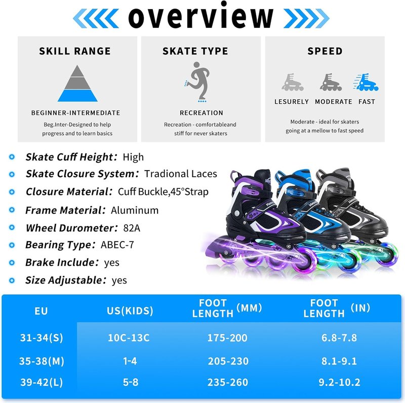 Adjustable Inline Skates for Kids | Light-Up Wheels | Ages 4-16 | Boys & Girls