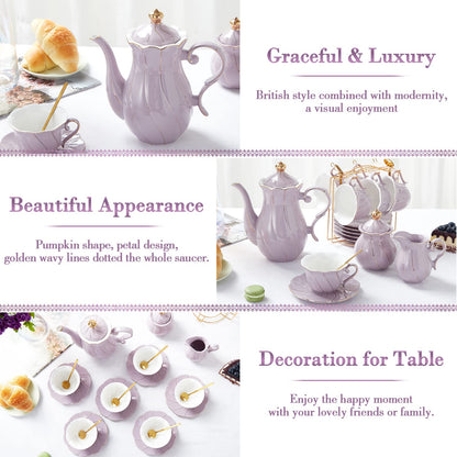 DUJUST 22 pcs Porcelain Tea Set for 6, Luxury British Style Tea/Coffee Cup Set with Golden Trim, Beautiful Tea Set for Women, Tea Party Set, Gift Package (With a Stand) - Purple