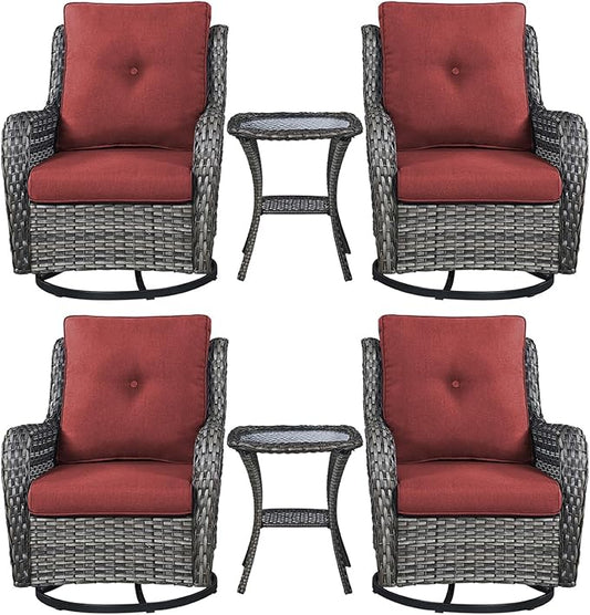 Rilyson Patio Chairs Wicker Outdoor Chair - 6 Piece Rattan Swivel Rocking Chairs Set Patio Glider Rocker Chairs with Glass Top Side Table for Porch Deck Garden Backyard(Mixed Grey/Red)