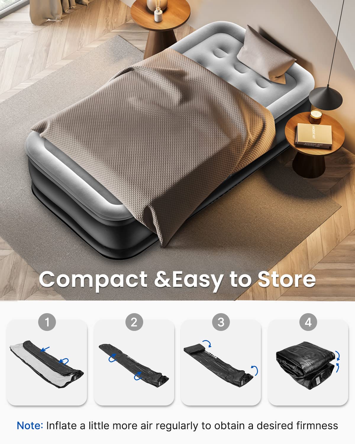 Airefina Air Mattress Single, Airbed with Built-in Electric Pump, Inflatable Mattress in 3 Mins Self-Inflation/Deflation, Inflatable Bed Flocked Surface Blow Up Bed for Home Camping Use, 190x99x46cm