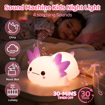 Huggwaii Squishy Axolotl Night Light for Kids, 4 Soothing White Noise Sounds, Dimmable Silicone Axolotl Toddler Lamp, 2025 Upgraded Rechargeable Nightlight, 9H Battery, Baby & Girl Room Decor Gifts
