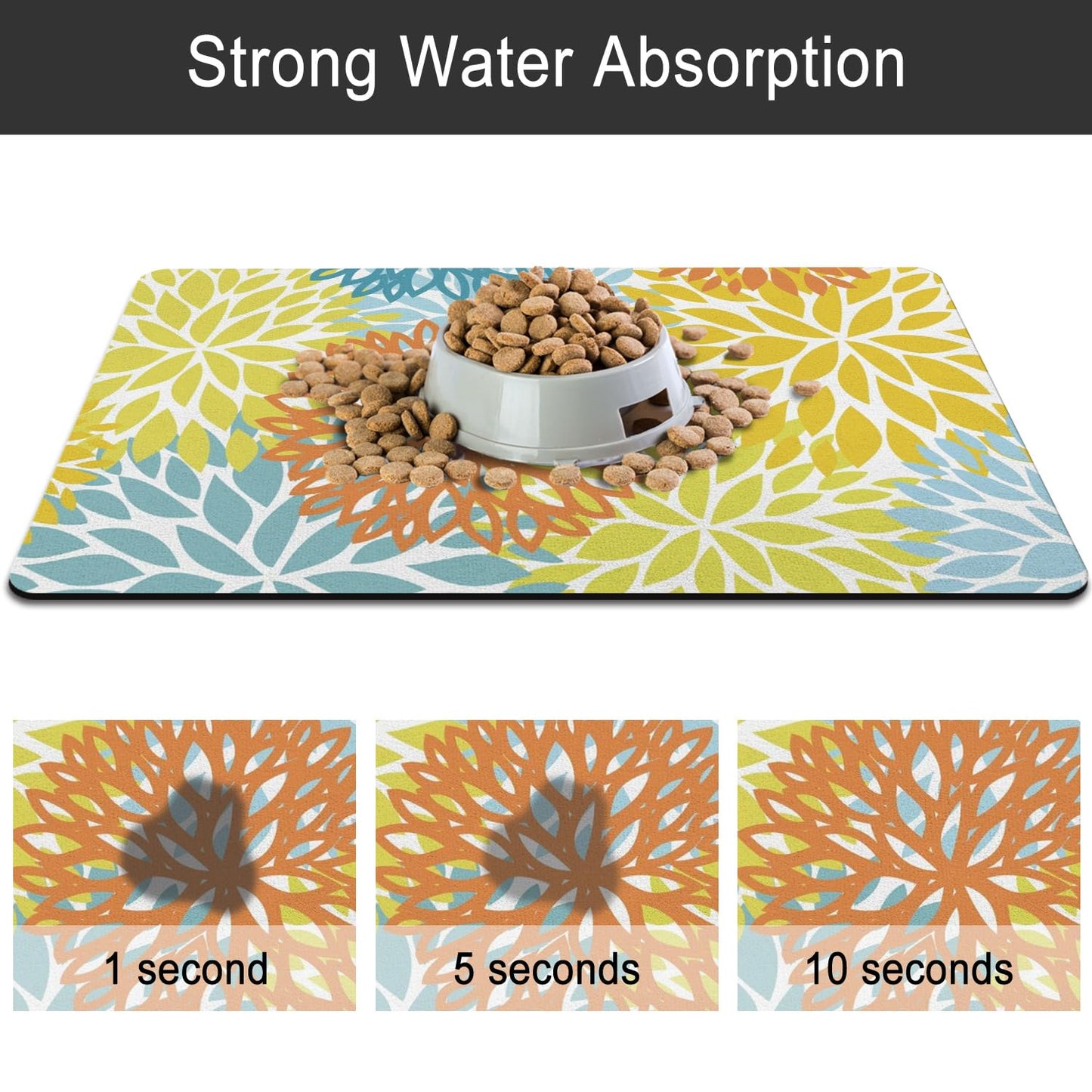 Dog Food Mats for Floors, Absorbent and Quick-Drying Pet Cat Food Mat,Anti-Fouling and Easy-to-Clean Pet Feeding Mat,Dog Bowl Mat for Messy Drinking Water Bowls.16x24, Bohemia Dahlia Floral Style