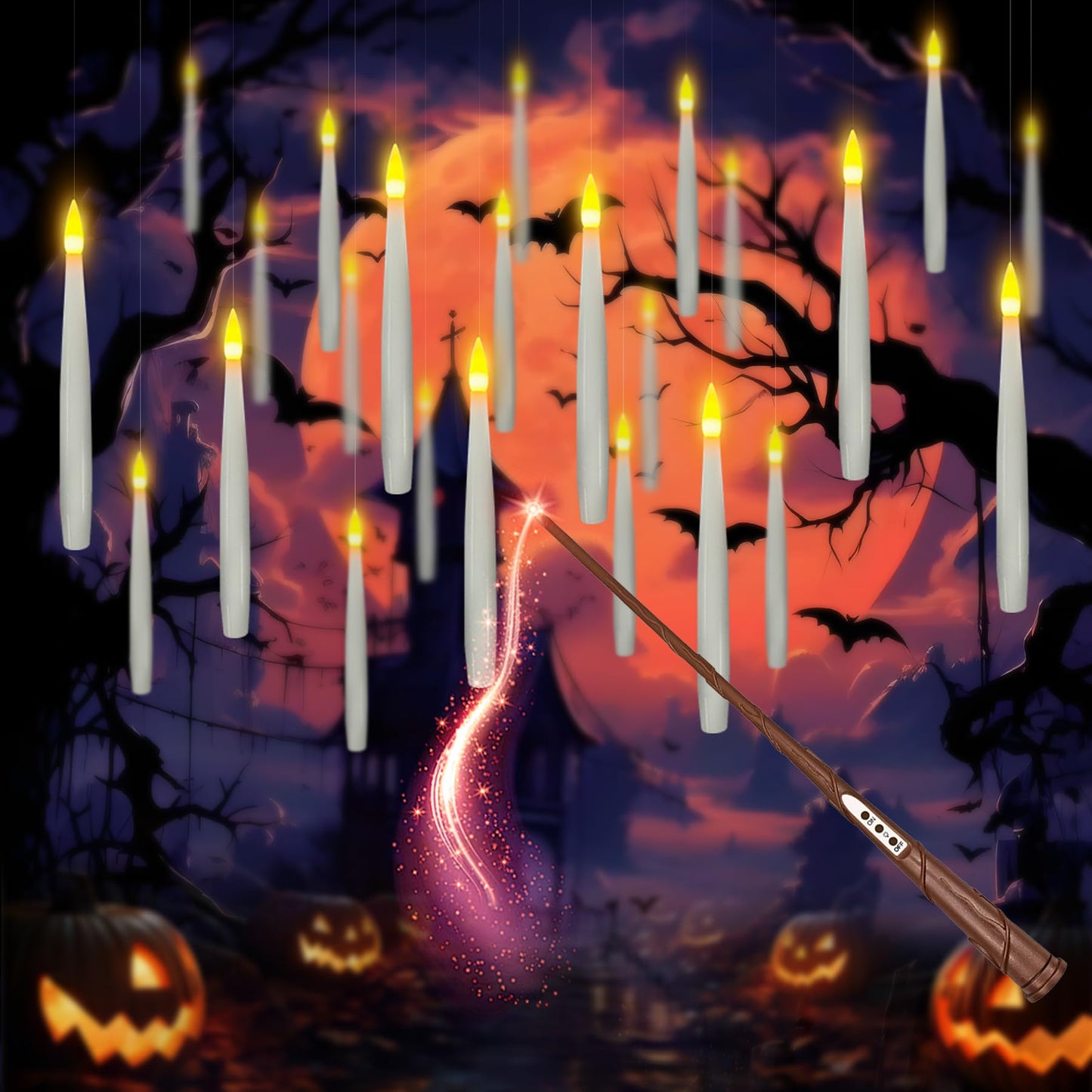 Halloween Decorations, Floating Candles with Wand 20 PCs Flameless Magic Hanging Candles, Flickering Warm Light Floating LED Candle with Remote, Battery Operated Window Taper Candle Set Birthday Gift