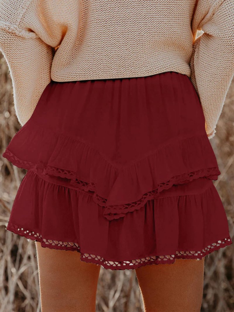Aoudery Flowy Shorts for Women Casual Boho Ruffle Tiered Skorts High Waist Mini Skirts Golf Tennis Butterfly Crochet Shorts - Red L