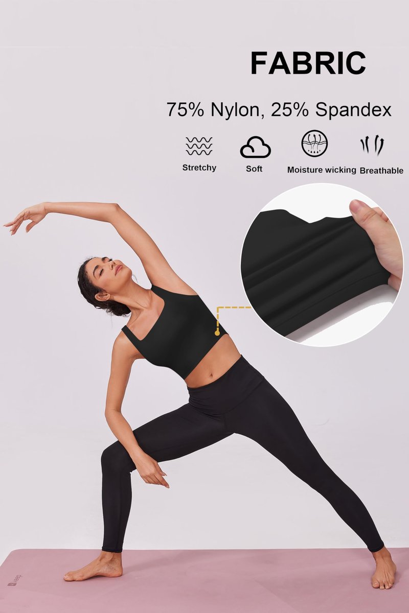 PINSPARK Black Sports Bra Women Square Neck Athletic Tops for Women Stretch Padded Workout Tank Built in Bra Longline Yoga Top Small,Black