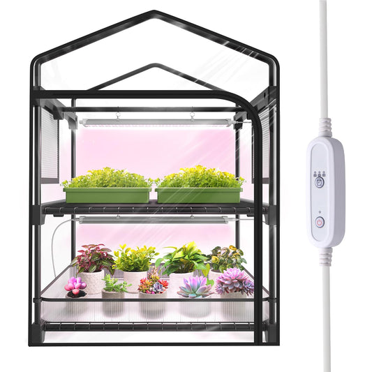 SpeePlant Mini Indoor Greenhouse with Grow Light, 2-Tier Plant Stand with PVC Tent, Ventilation Window, Bottom Pouch, 20W Full Spectrum Grow Light with Timer, for Seed Starting, 27" L x 19" W x 35" H