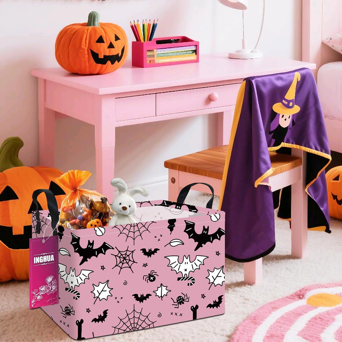 INGHUA Rectangular Halloween Storage Basket Fabric Organizer Bin for Toys,Books,Clothes,Gifts,Pets-Perfect for Home,Office,Nursery,Dorm,Shelf(Rec-Bats )