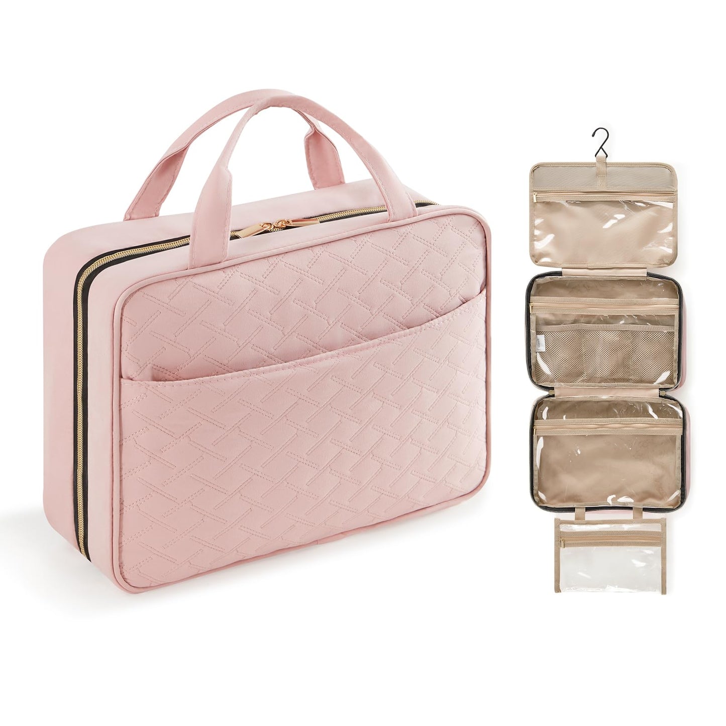 Lifewit Travel Toiletry Bag, Large Hanging Makeup Bag Organizer for Women, Transparent Travel Cosmetic Bag with Hanging Hook for Full Size Bottles, Vacation Essentials, Medium, Pink