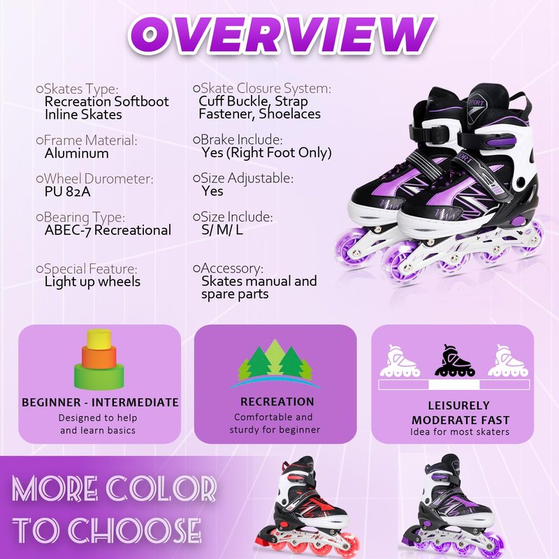LEJIJIT Adjustable Kids Inline Skates for Girls Boys Children Beginners, Black & Purple Inline Skates with Light Up Wheels for Kids and Youth for Indoor Outdoor Sports (Medium)