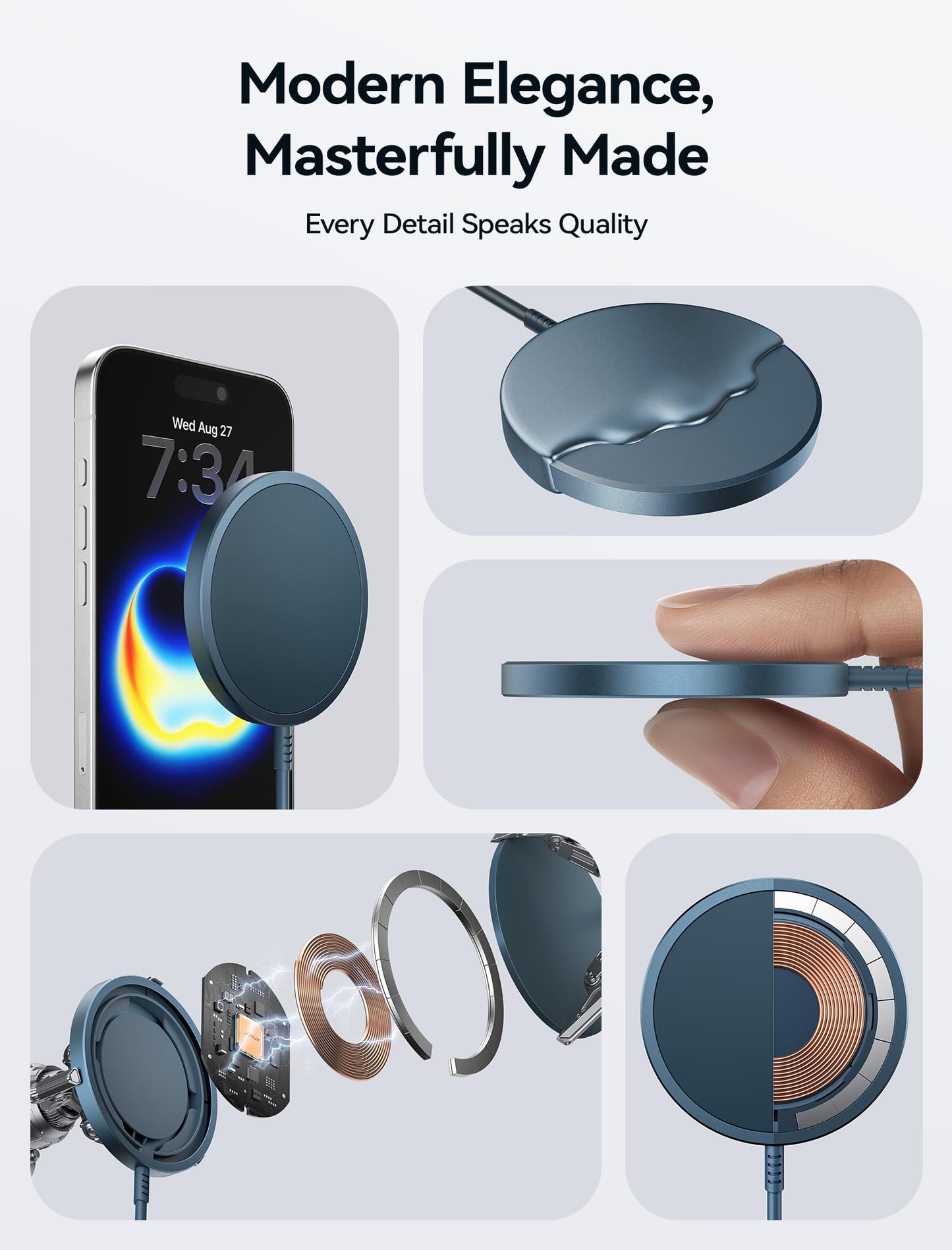 JSAUX Wireless Charger for iPhone 17 MagSafe Charger, Magnetic Charger for iPhone 17 Air Pro Max/16/15/14/13/12 Series/Airpods, Aluminum Alloy, USB & USB C Dual Ports, Mag Wireless Charging Pad-Blue