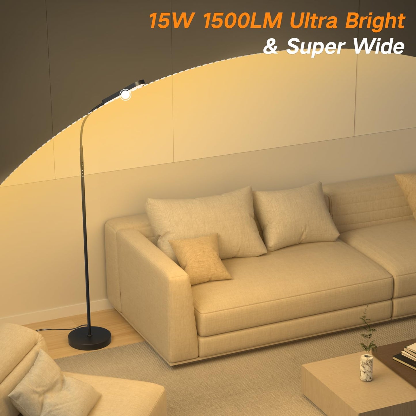 OUTON LED Floor Lamp 15W 1500LM, Dimmable Adjustable Modern Standing Light with 4 Color Temperature, Remote & Touch Control, 1 Hour Timer for Reading Living Room Bedroom Office Sewing (Black)