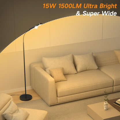 OUTON LED Floor Lamp 15W 1500LM, Dimmable Adjustable Modern Standing Light with 4 Color Temperature, Remote & Touch Control, 1 Hour Timer for Reading Living Room Bedroom Office Sewing (Black)