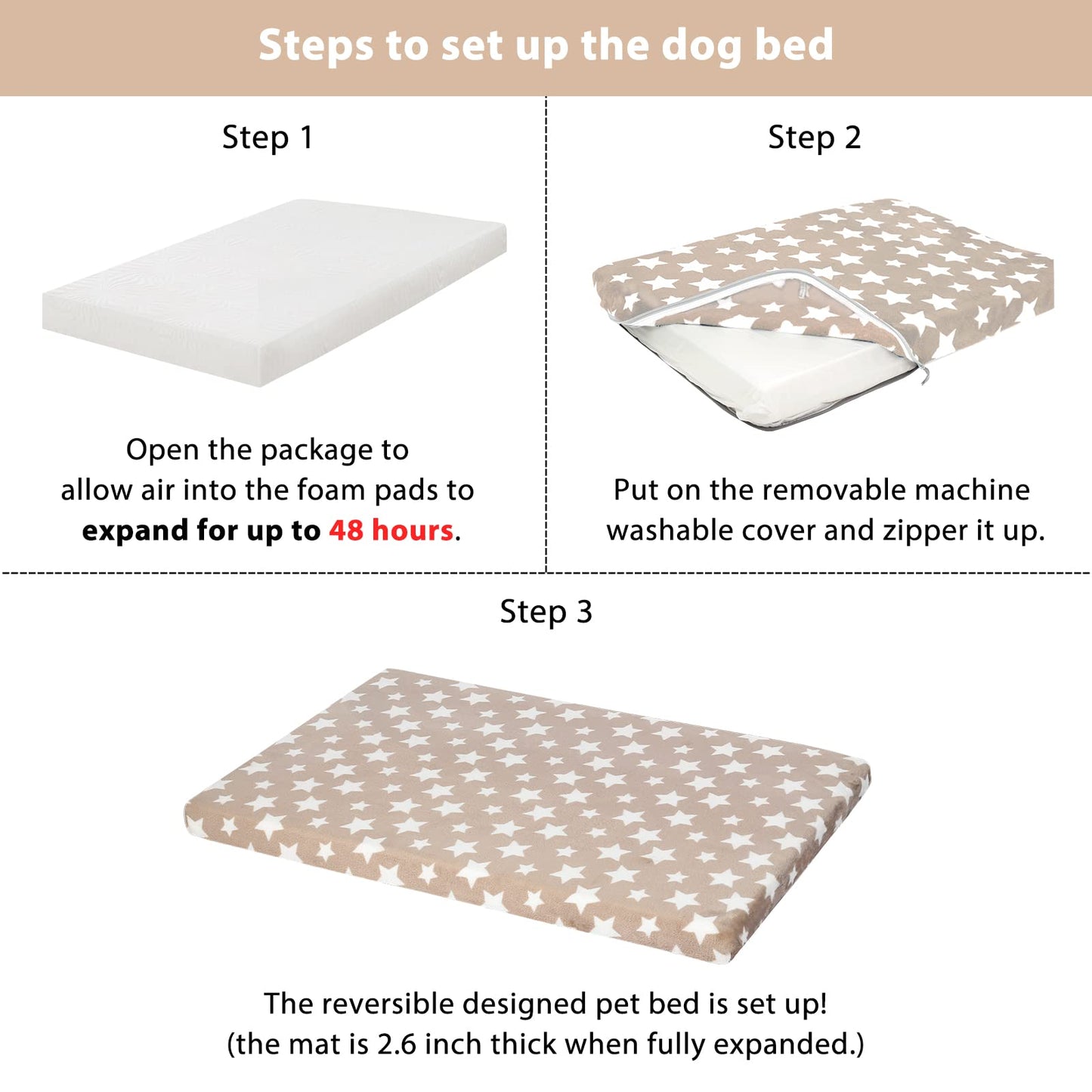 EMPSIGN Supportive Dog Bed (122x76x7.6cm), Dog Crate Mat Reversible (Cool & Warm), Removable Washable Cover, Waterproof Liner & High Density Foam, Pet Bed Mattress for Small to XX-Large Dogs, Beige, Star