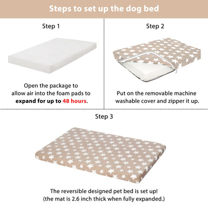 EMPSIGN Supportive Dog Bed (122x76x7.6cm), Dog Crate Mat Reversible (Cool & Warm), Removable Washable Cover, Waterproof Liner & High Density Foam, Pet Bed Mattress for Small to XX-Large Dogs, Beige, Star