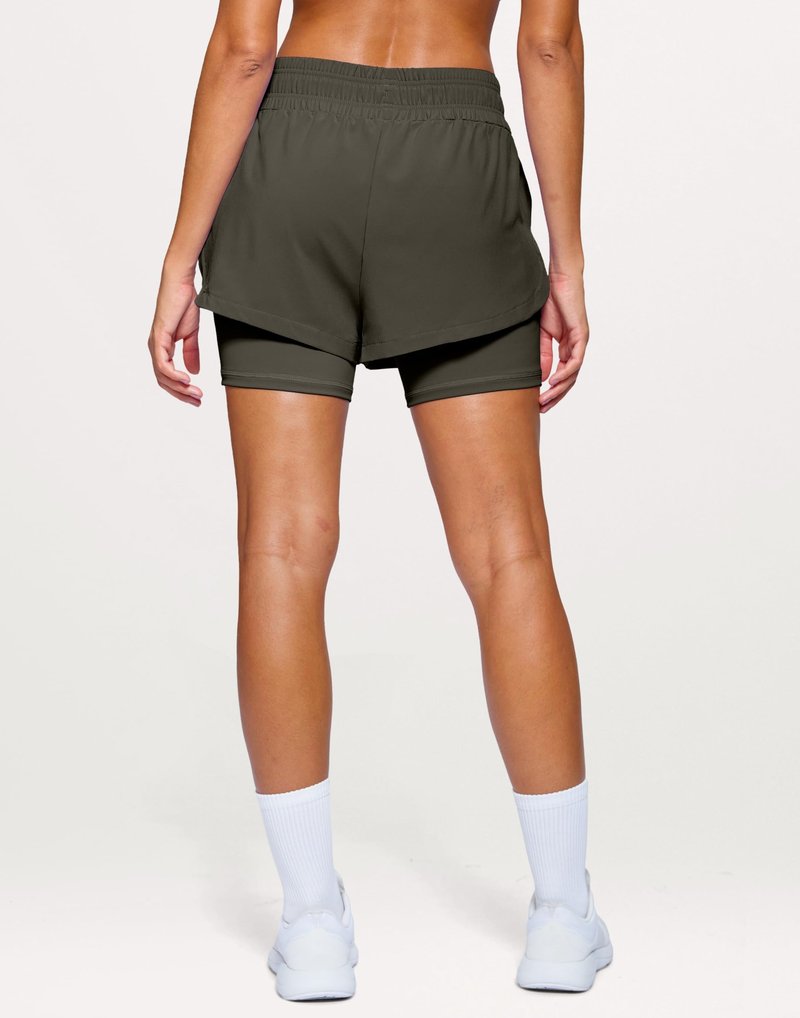 Soothfeel Women's 2 in 1 Running Shorts 5" Athletic Shorts High Waisted Workout Gym Tennis Exercise Shorts with Liner Pocketarmy_GreenM