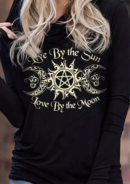 MHTOR Live By The Sun Love By The Moon Hoodie Women's Sun and Moon Casual Long Sleeve Sweatshirt Round Neck Pullover Tops(Medium,Black)