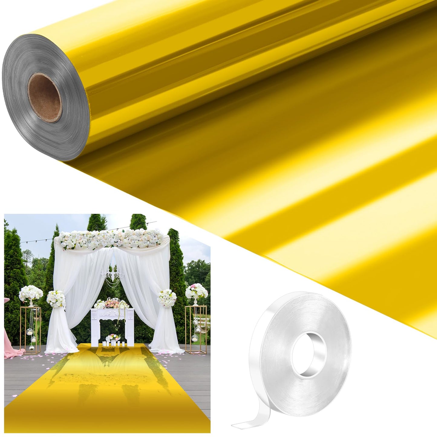 Tinideya 3.3 x 98.4 ft Mirror Rug Aisle Runner for Wedding Ceremony Double Sided Reflective Carpet Aisle Runner Walkway Rug Roll for Outdoor Birthday Graduation Party Decor(Gold)