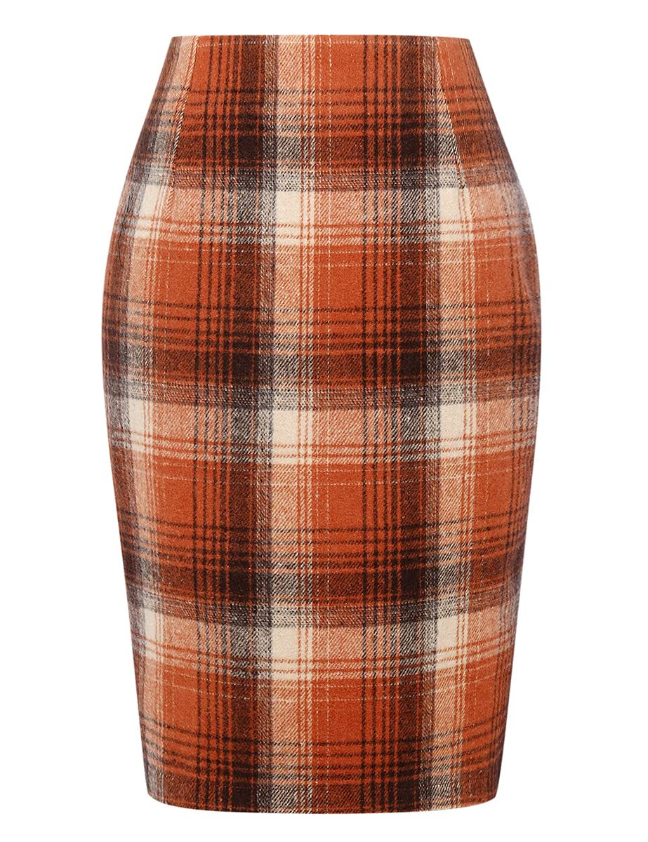Orange Skirt Halloween Clothes for Women 2025 Outfits High Waisted Knee Length Bodycon Burnt Orange Plaid Skirt with Slit, Orange, M